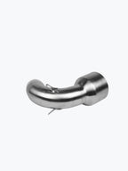 Stainless steel motorcycle exhaust pipe component with curved design on white background