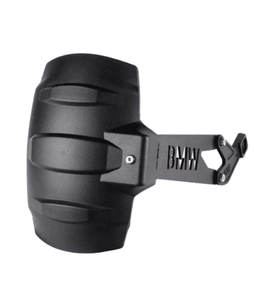 Black motorcycle rear tire hugger fender with BMW cut-out, isolated on white