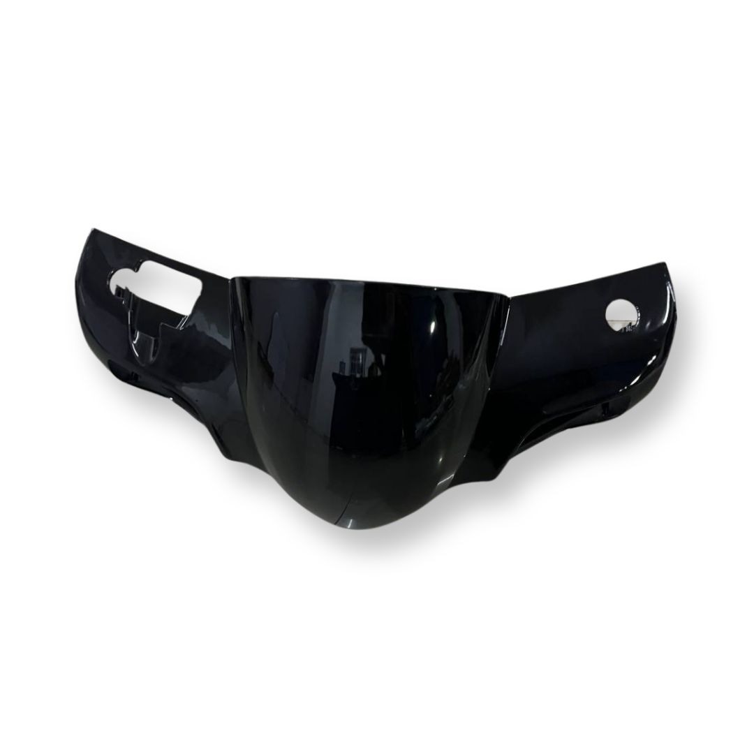 Black motorcycle front fairing panel with headlight and indicator cutouts