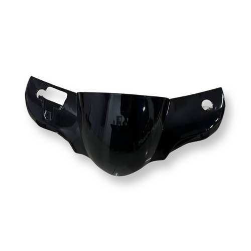 Black motorcycle front fairing panel with headlight and indicator cutouts