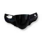 Glossy black motorcycle front headlight cowl fairing part on white background