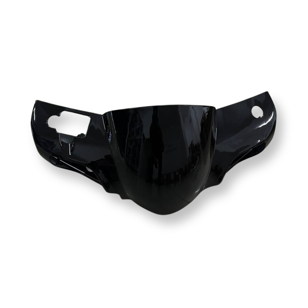 Glossy black motorcycle front headlight cowl fairing part on white background