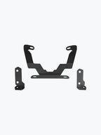 Black metal motorcycle mounting brackets set on white background
