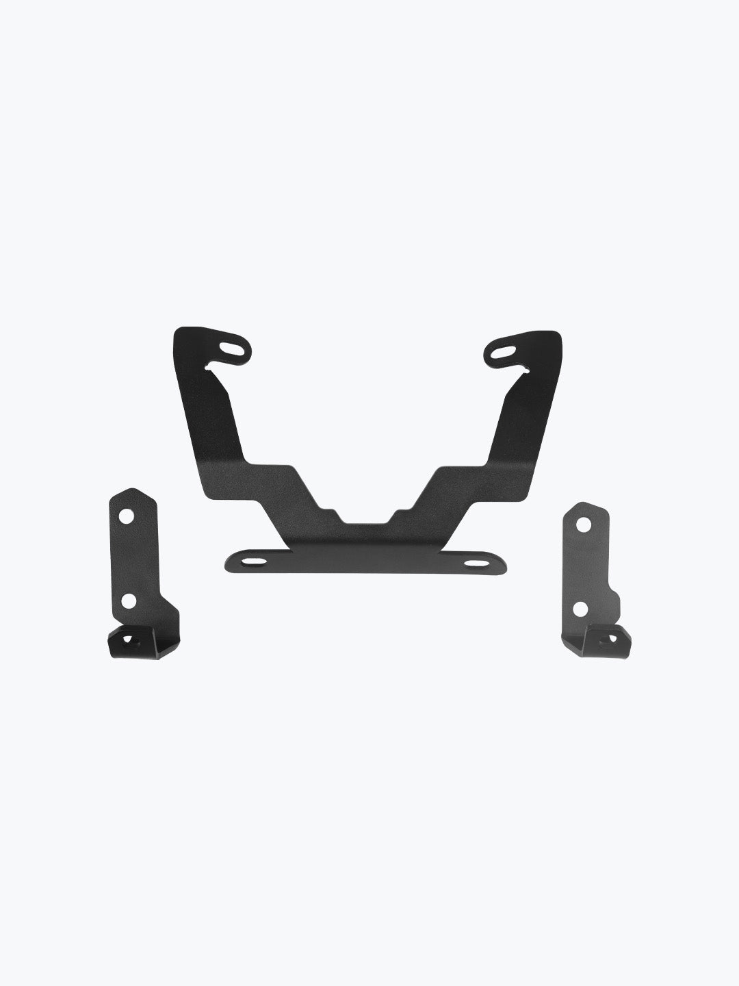 Black metal motorcycle mounting brackets set on white background