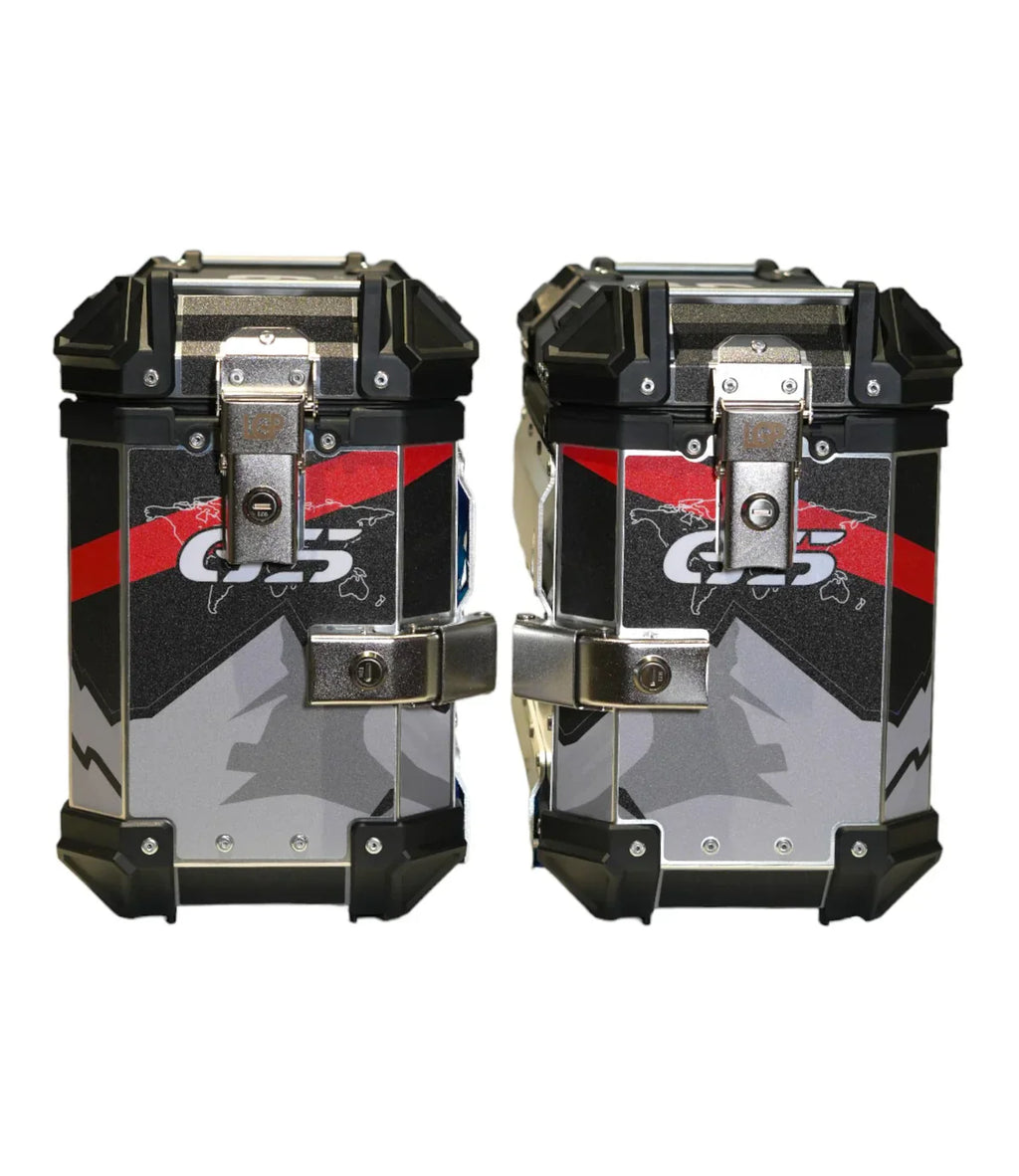 LGP Premium Aluminium GS Graphics 38L Panniers – Pair with Brackets (Black/Red)