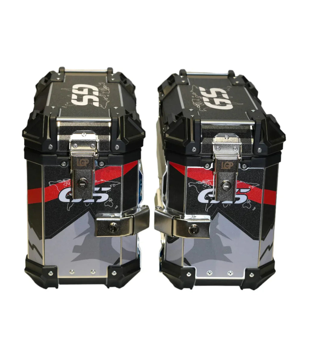 LGP Premium Aluminium GS Graphics 38L Panniers – Pair with Brackets (Black/Red)