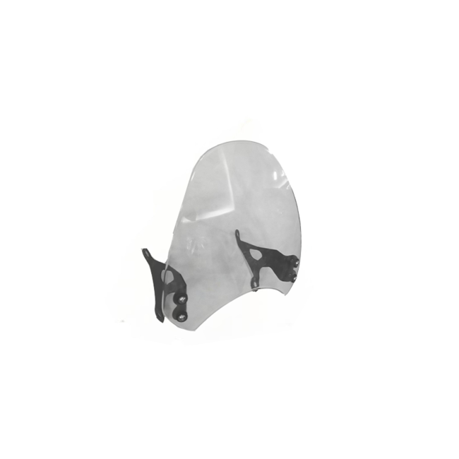 Motorcycle windshield clear acrylic with black mounting brackets on white background