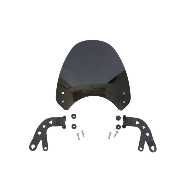 Motorcycle windshield kit with dark tinted screen, brackets, and mounting hardware