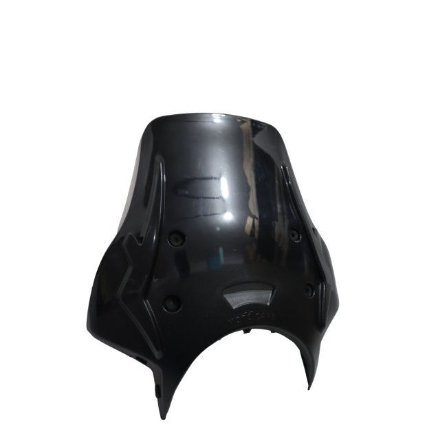 Glossy black motorcycle front fairing panel with sleek aerodynamic design