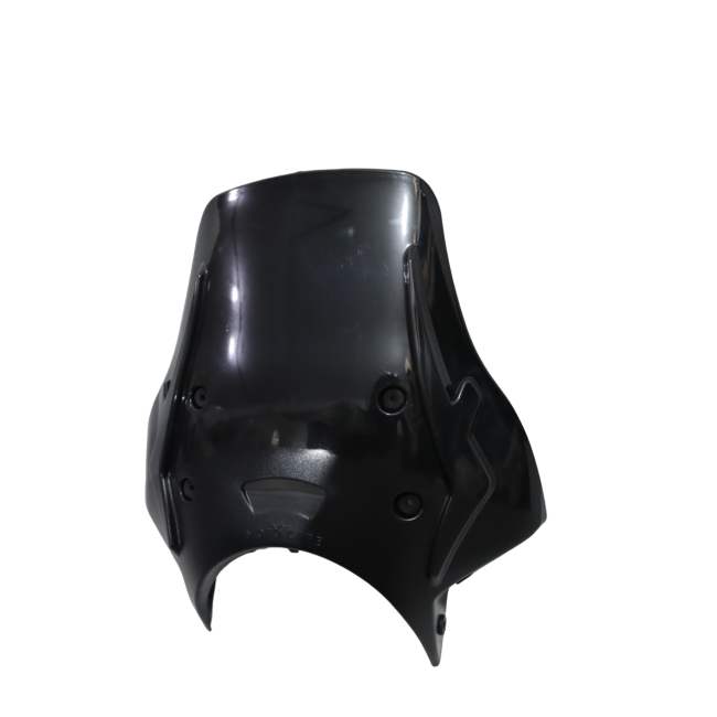 Black motorcycle windscreen fairing with mounting holes on white background