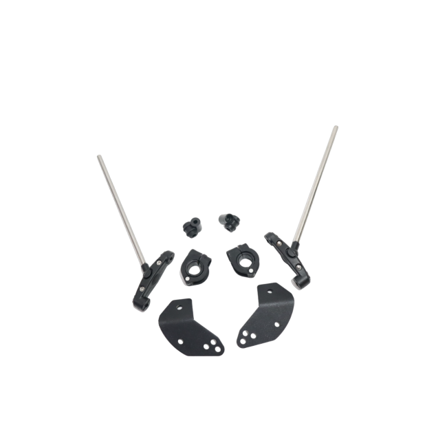 Motorcycle steering damper mounting kit with metal rods and black brackets