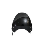 Black motorcycle windscreen with mounting hardware, front view on white background