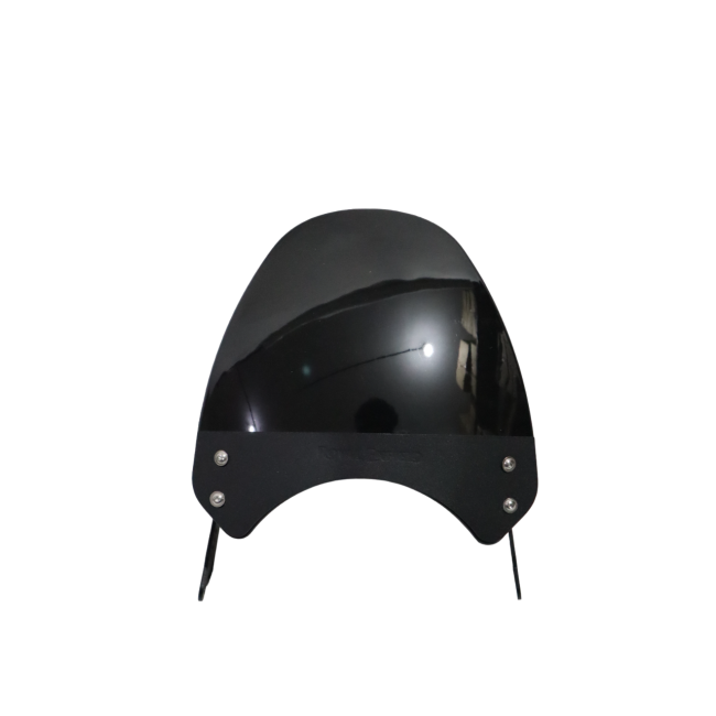 Black motorcycle windscreen with mounting hardware, front view on white background