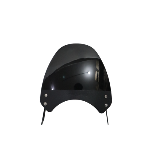 Black motorcycle windscreen with mounting hardware, front view on white background