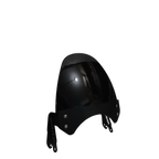 Glossy black motorcycle windshield with mounting brackets, isolated on white background