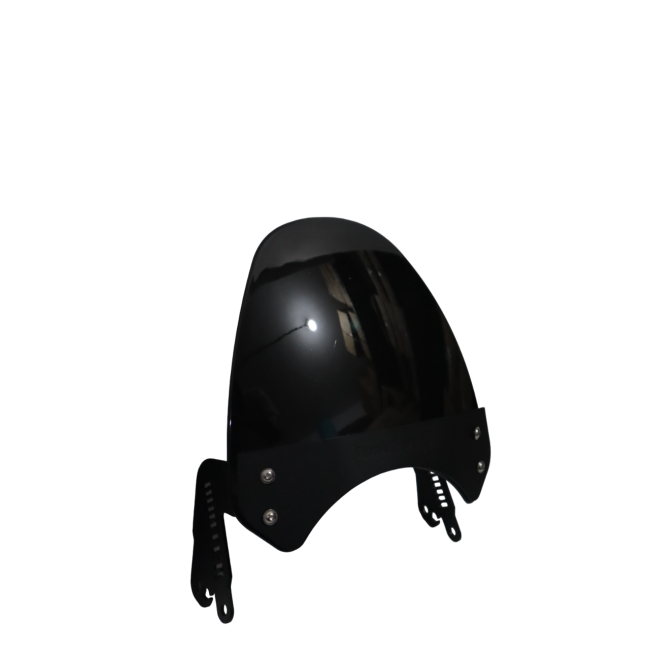 Glossy black motorcycle windshield with mounting brackets, isolated on white background