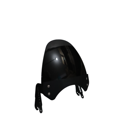 Glossy black motorcycle windshield with mounting brackets, isolated on white background