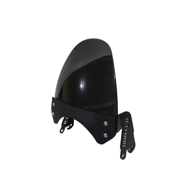 Black motorcycle windshield with mounting brackets on a white background
