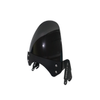 Black motorcycle windshield with mounting brackets on a white background