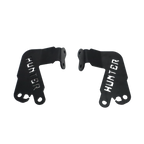 Pair of black metal motorcycle brackets with 'HUNTER' cutout, isolated on white