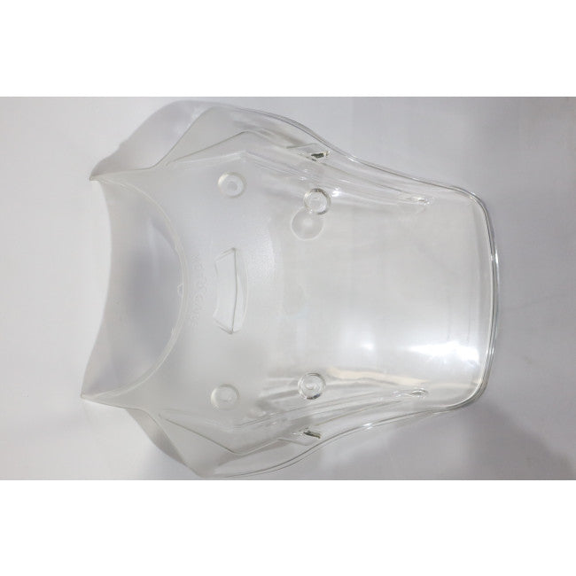 Clear motorcycle windscreen shield with mounting points on white background