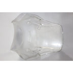 Clear motorcycle windscreen shield with mounting points on white background