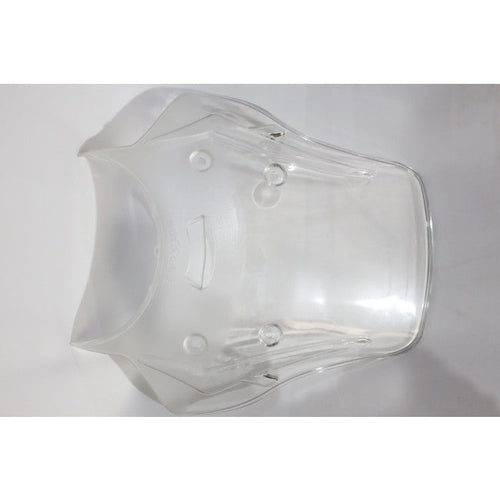 Clear motorcycle windscreen shield with mounting points on white background