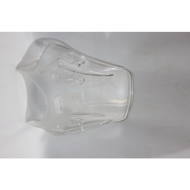 Clear motorcycle windscreen fairing on white background, transparent shield accessory