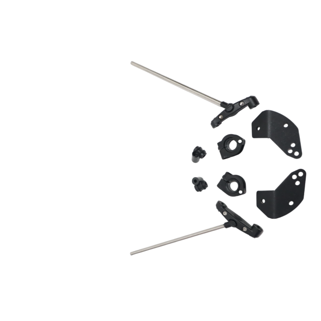 motorcycle part kit with metal rods and black mounting brackets on white background