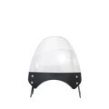 Clear motorcycle windscreen with black mounting brackets and silver rivets