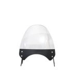 Clear motorcycle windscreen with black mounting brackets and silver rivets