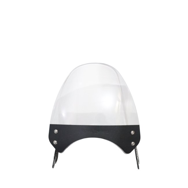 Clear motorcycle windscreen with black mounting brackets and silver rivets