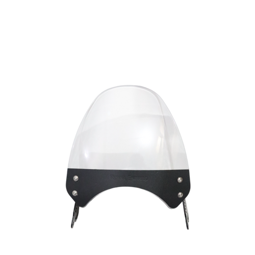 Clear motorcycle windscreen with black mounting brackets and silver rivets