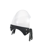 Clear motorcycle windscreen with black mounting brackets, isolated on white background