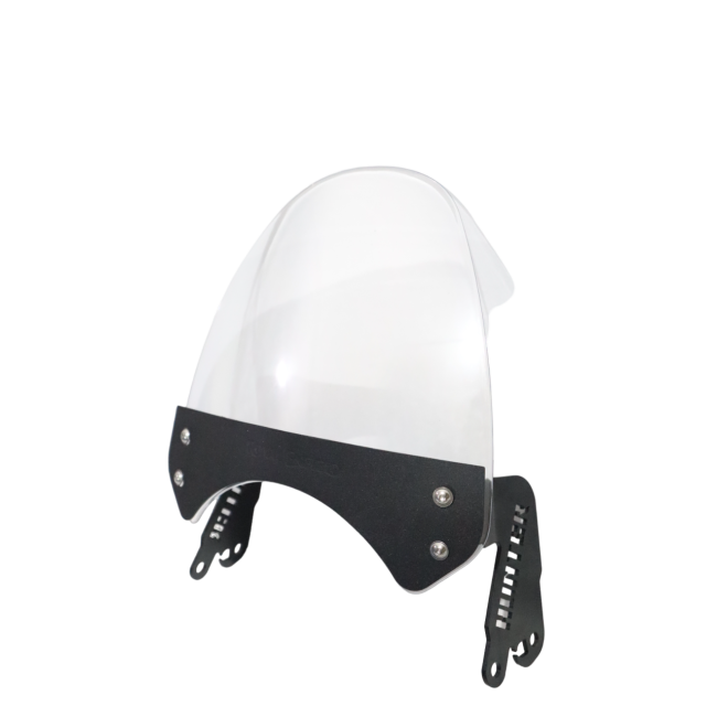 Clear motorcycle windscreen with black mounting brackets, isolated on white background