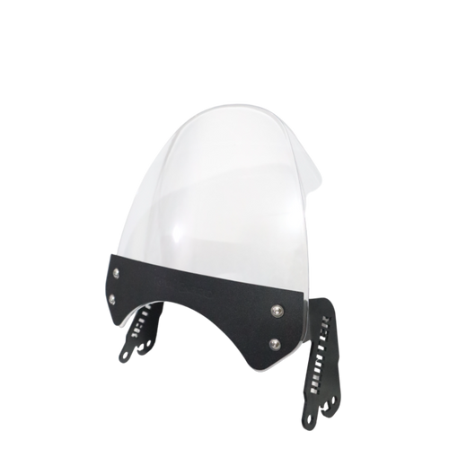 Clear motorcycle windscreen with black mounting brackets, isolated on white background