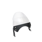 Clear motorcycle windscreen with black mounting bracket, front view on white background