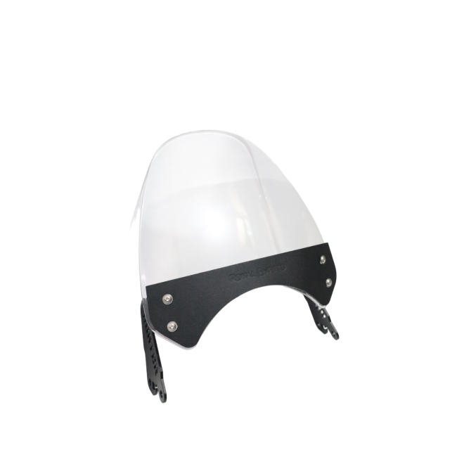 Clear motorcycle windscreen with black mounting bracket, front view on white background