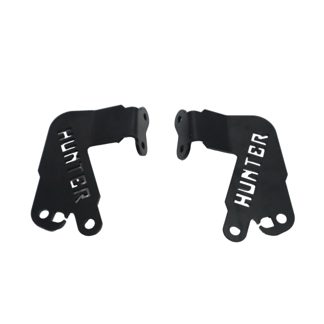 Pair of black metal motorcycle mounting brackets with HUNTER text, isolated on white background