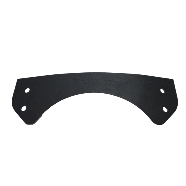 Black motorcycle mudguard stay bracket with four mounting holes, isolated on white background