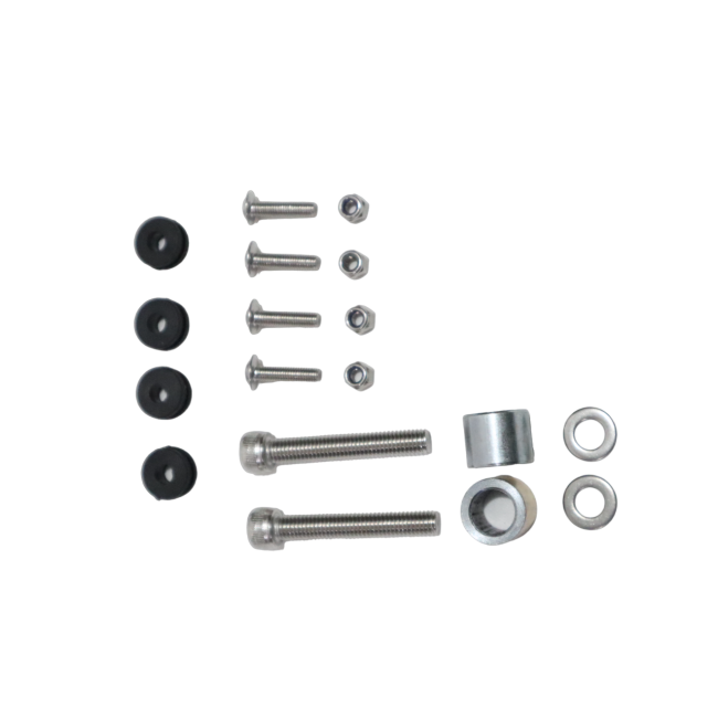 Motorcycle hardware kit with bolts, black caps, nuts, spacers, washers on white background