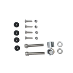 Motorcycle hardware kit with bolts, black caps, nuts, spacers, washers on white background