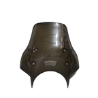 Smoke tinted motorcycle windscreen fairing with mounting points, front view