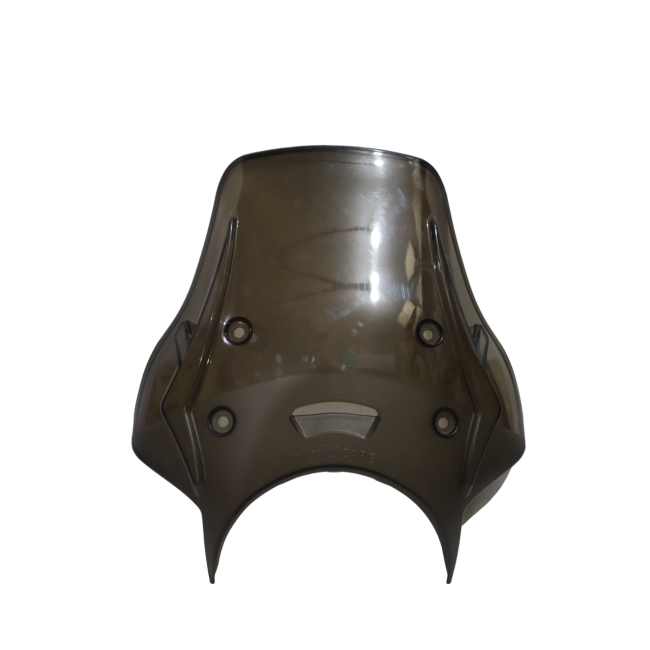 Smoke tinted motorcycle windscreen fairing with mounting points, front view