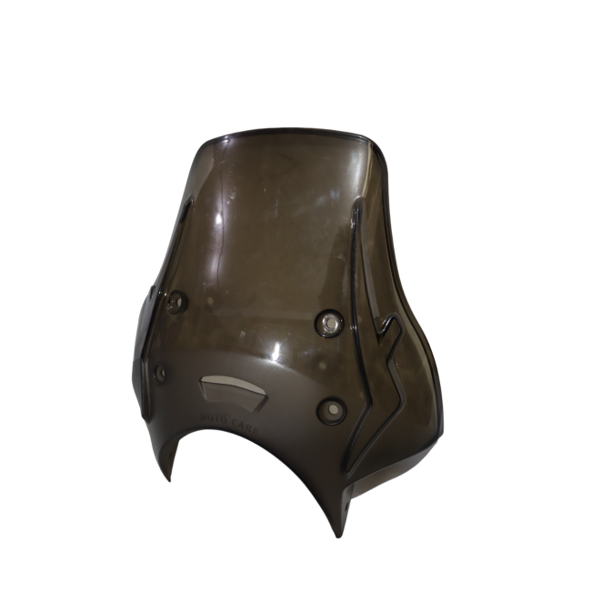 Motorcycle smoke-tinted windshield fairing with mounting points on white background