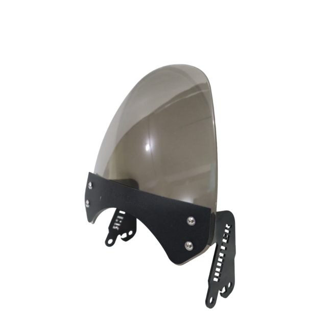 Motorcycle smoked windscreen with black mounting brackets on white background