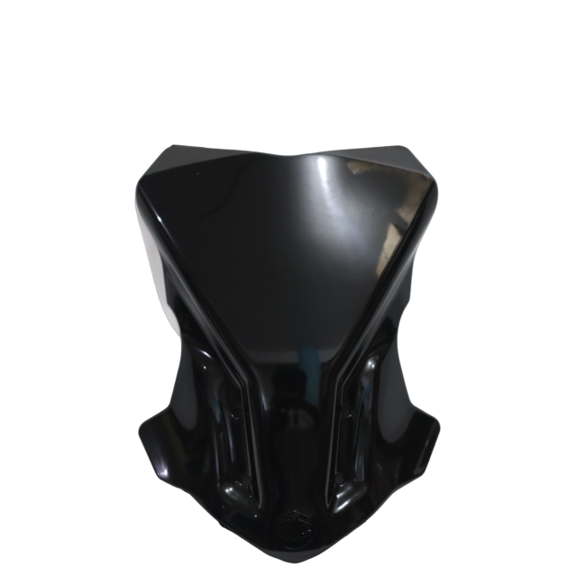 Glossy black motorcycle windscreen fairing with angular design on white background