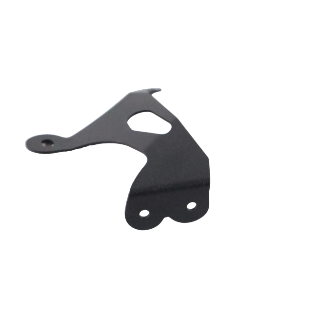 Black metal motorcycle mounting bracket with screw holes on white background