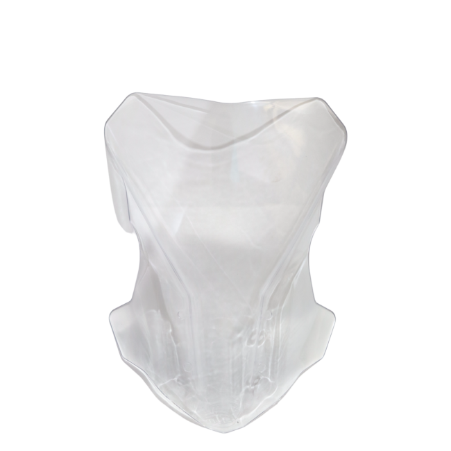 Clear motorcycle windscreen windshield, aerodynamic accessory against white background