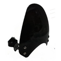 Black motorcycle windshield fairing with mounting bracket, isolated on white background
